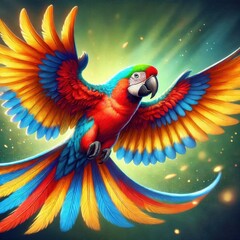 Obraz premium A vibrant parrot mid-flight, with outstretched wings showing colorful feathers 1