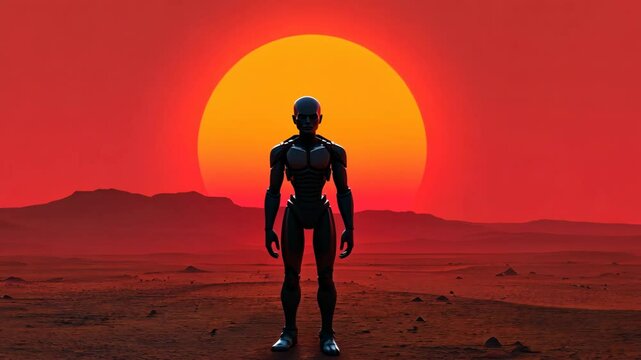 Robot silhouette walks across martian landscape at dusk