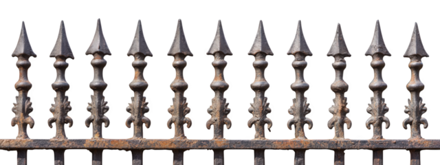 vintage cast iron fence featuring spear shaped finials, showcasing intricate details and weathered appearance. This decorative element adds character to any outdoor space