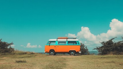 Vintage camper van parked on a grassy hill under a vibrant blue sky.