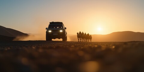 Fototapeta premium A rugged 4x4 expedition vehicle driving alongside a camel caravan led by nomadic Berber traders