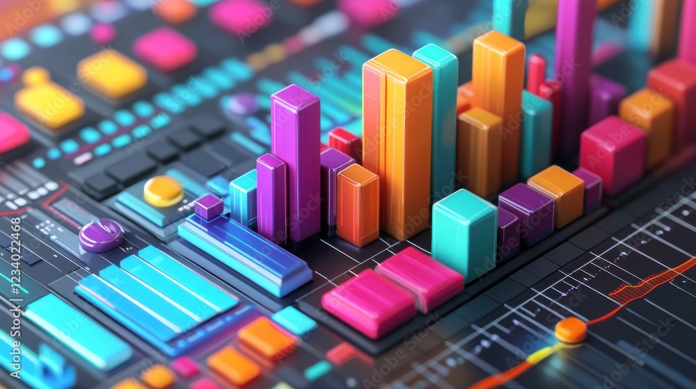 Poster a vibrant, abstract visualization of data featuring colorful bars and graphs, representing statistic