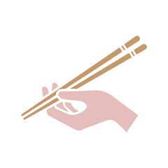 Hand holding chopsticks vector isolated on white background.