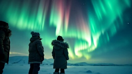 Mesmerizing aurora borealis observed by enraptured viewers in arctic winter wonderland
