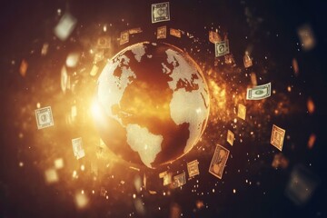 Fototapeta premium A glowing globe surrounded by floating dollar bills, symbolizing global finance and wealth in a digital age.