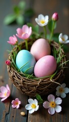 Pastel painted eggs nestled in spring blooms on rustic wood , colorful eggs, springtime