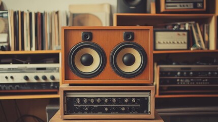 Vintage stereo system with speakers and amplifier in a home music room.