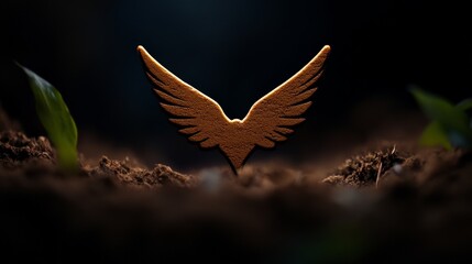 Obraz premium Wings of Growth: A symbolic wooden carving of wings emerges from rich soil, amidst sprouting seedlings, representing growth, potential, and new beginnings.