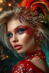 A Young attractive blonde girl in bright art-makeup high