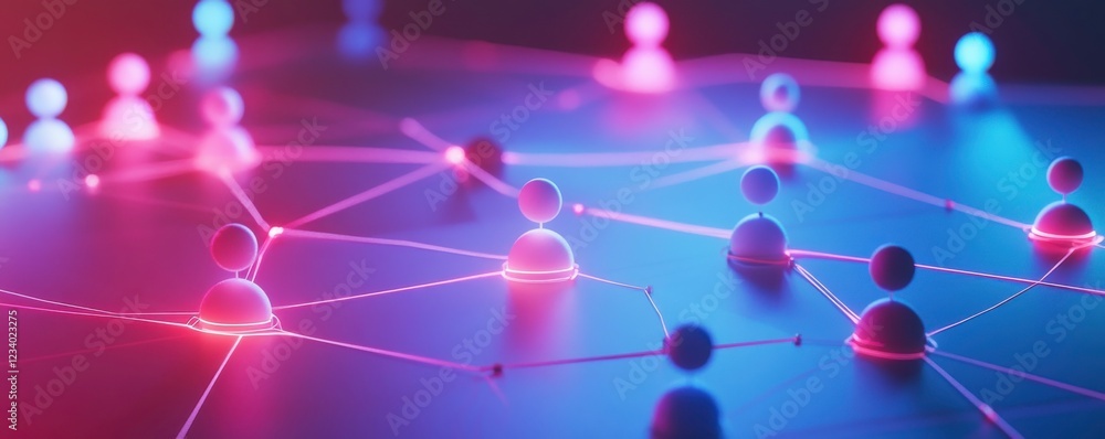 Poster a vibrant digital network visualization with interconnected nodes representing social connections or