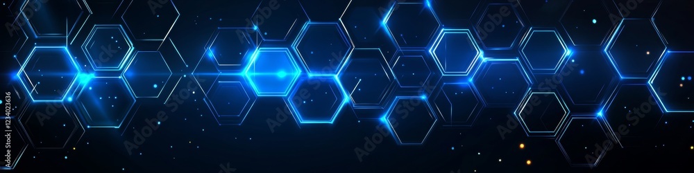 Poster abstract blue hexagonal pattern with connecting lines, light flares, and black background
