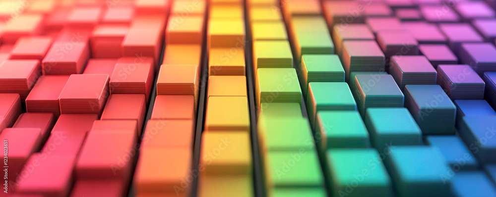 Poster a vibrant abstract pattern of colorful 3d blocks in rainbow hues.