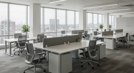Modern Office Interior with Desks and Chairs in Open Workspace Setting