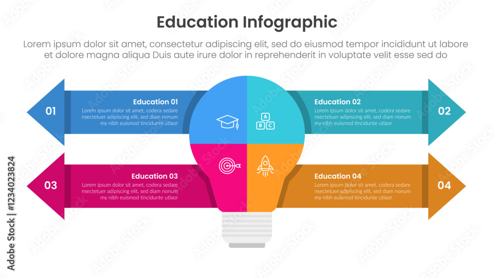 Poster education infographic template banner with big lamp section part with long arrow container box with 