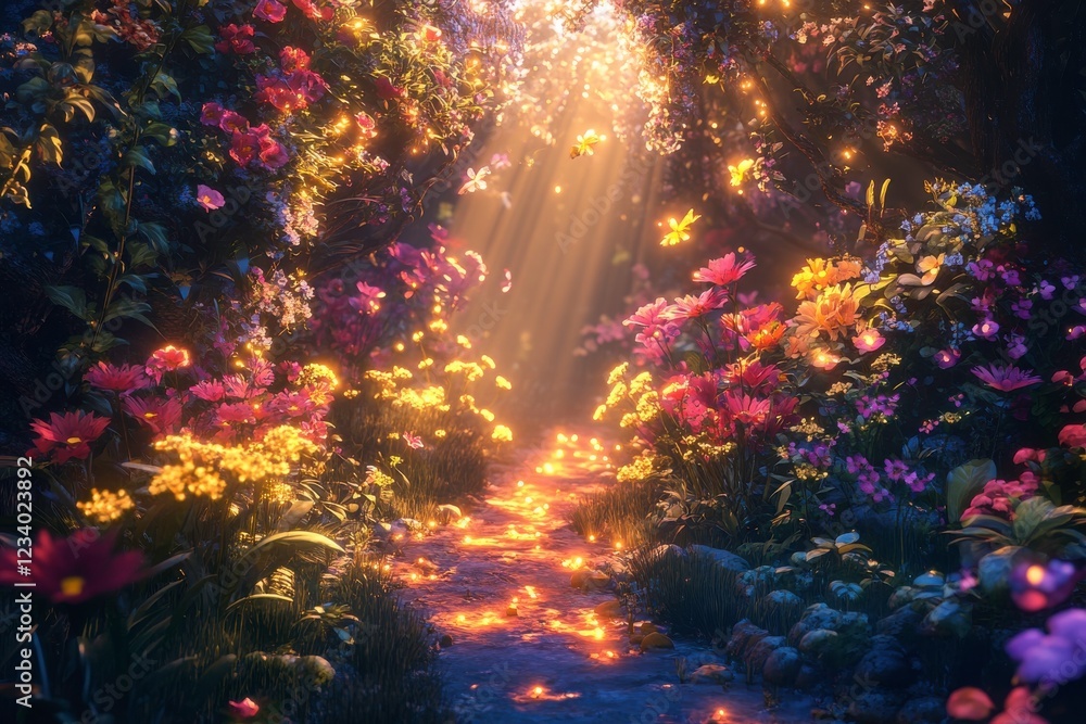 Poster a vibrant garden path illuminated by soft light, surrounded by colorful flowers, creating a magical 