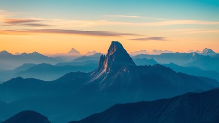 Majestic sunrise over a dramatic mountain range with layers of peaks and valleys, creating a stunning landscape.