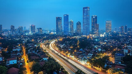 Illuminated Jakarta skyline at dusk with streaks of light from traffic