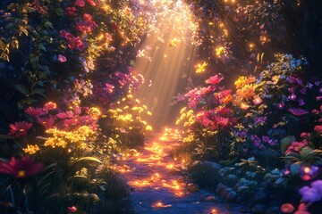 Naklejka premium A vibrant garden path illuminated by soft light, surrounded by colorful flowers, creating a magical and enchanting atmosphere.