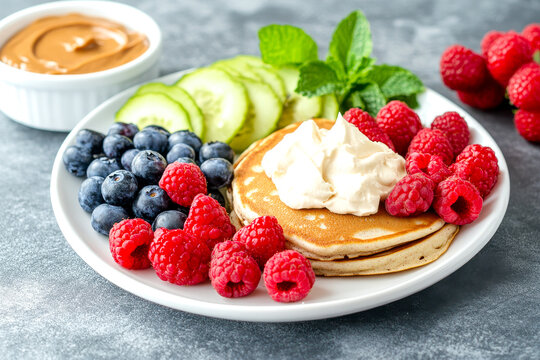 A colorful plate of pancakes topped with whipped cream, surrounded by fresh raspberries, blueberries, cucumber slices, and a small bowl of peanut butter.