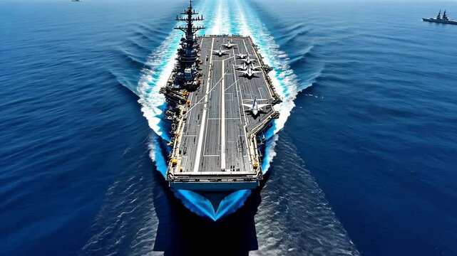Massive Aircraft Carrier Navigating Open Waters &ndash; Aerial Perspective