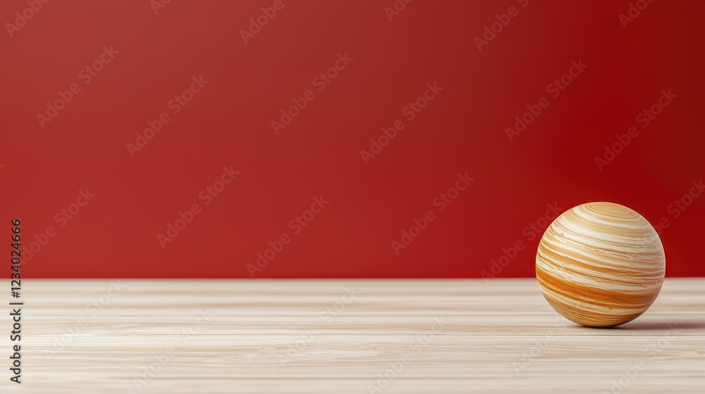 Poster minimalist design featuring wooden surface and spherical object against red background creates seren