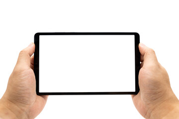 Hand holding Blank screen tablet. Digital tablet with isolated screen in male hands. digital tablet with empty display. Copy space and clipping Path. Isolated on white background.