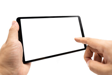 Hand holding Blank screen tablet. Digital tablet with isolated screen in male hands. digital tablet with empty display. Copy space and clipping Path. Isolated on white background.