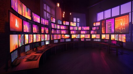 A futuristic control room with numerous curved monitors displaying vibrant cityscapes and data streams.  The room is dimly lit, creating a dramatic and technologically advanced atmosphere.