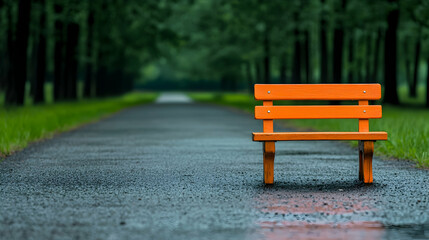 Orange park bench on rainy path, trees background, solitude