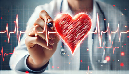 Cardiology Concept Hand Drawing Red Heart with ECG Lines, Emphasizing Heart Health, Medical Care, and Diagnosis in a Healthcare Setting with a Doctor in the Background.