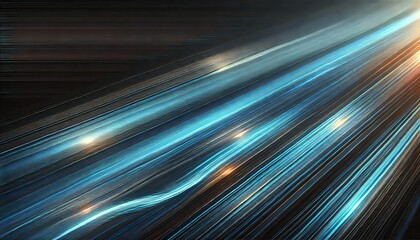 High-Resolution Abstract Background with Blue Gradient Light Streaks on Black, Glowing Horizontal Lines with Blurred Motion Effect - 16:9 Stock Image