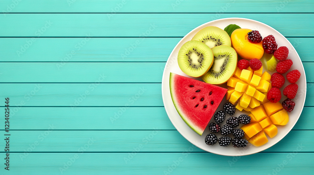 Canvas Prints A vibrant plate of assorted fresh fruits, including watermelon, kiwi, mango, and berries, displayed on a teal wooden surface.