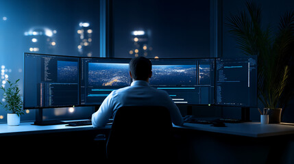 Software Developer Working Late Night with Multiple Monitors Displaying Code and City Surveillance Systems in Modern Corporate Office with Urban Landscape View