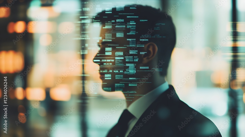 Poster silhouette of a businessman overlaid with digital code, suggesting ai, technology, or data analysis.