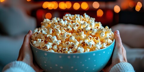 Popcorn lovers day with snack and sharing idea. Warm hands holding a bowl of popcorn in cozy lighting.