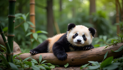 Fototapeta premium Serene image of a baby panda resting on a log in a bamboo-filled zoo enclosure