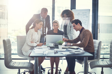 Group, people and meeting with laptop in office of finance results, research and investment information. Employees, online and teamwork for reading email, banking funding and ideas of proposal update