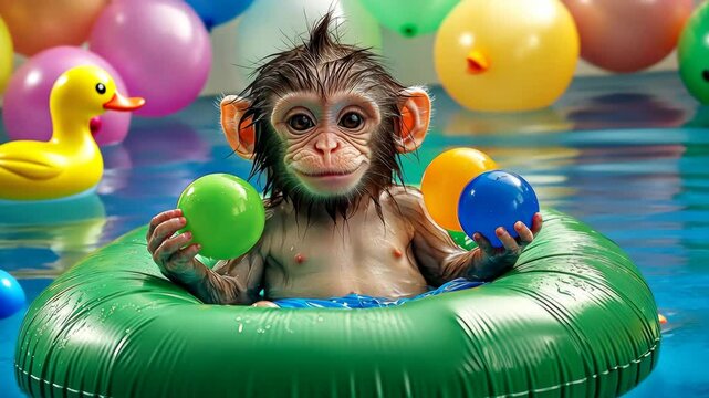 Baby monkey is in a pool with a green rubber ring and holding a bunch of balloons. The scene is playful and lighthearted, with the baby monkey enjoying its time in the water