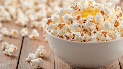 Popcorn lovers day with snack and sharing idea. Bowl of popcorn with butter on a wooden surface.