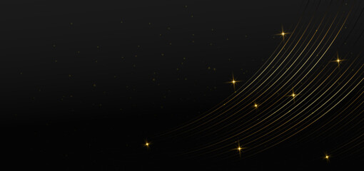 Black luxury background with golden line curve lines and sparkle glowing effect decoration. Template award concept.