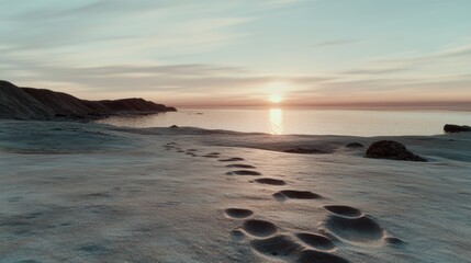Fototapeta premium Footprints lead into the serene sunset, painting a tranquil path on the soft sandy beach.