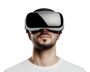 Virtual reality headset worn by man, showcasing immersive technology and modern design. device offers compact and sleek appearance, perfect for gaming and entertainment