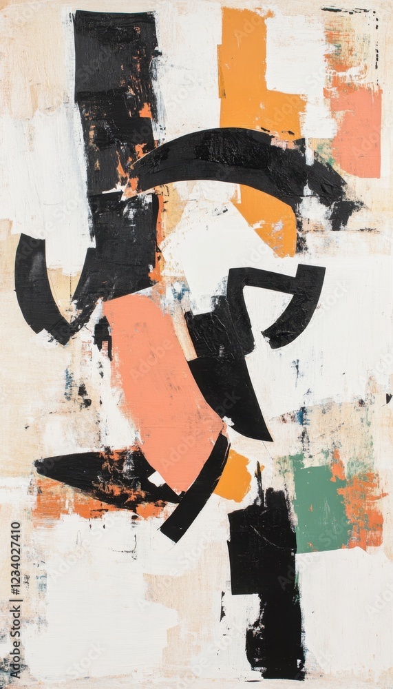 Poster abstract interplay of form and color; a dynamic composition in black, peach, and beige.