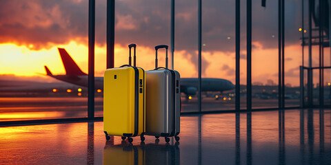 Yellow and Silver Rolling Luggage at Airport Terminal During Dramatic Sunset, International Travel and Aviation Photography with Warm Atmosphere