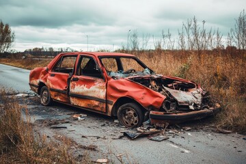 Dumped crashed car after traffic accident parked on highway roadside