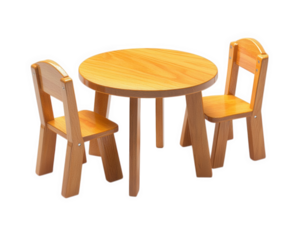small round wooden table with two tiny chairs, ideal for children playrooms or kindergartens, creating cozy and inviting atmosphere for kids