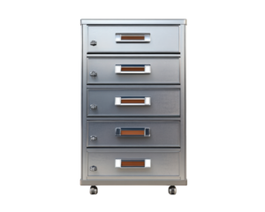 metal filing cabinet with labeled drawers, essential for organizing documents and office supplies. Its sleek design and mobility make it practical addition to any workspace