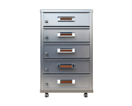 metal filing cabinet with labeled drawers, essential for organizing documents and office supplies. Its sleek design and mobility make it practical addition to any workspace