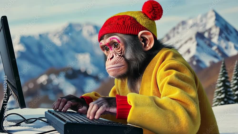 Poster monkey wearing a red hat and a yellow jacket is sitting in front of a computer keyboard. the monkey 