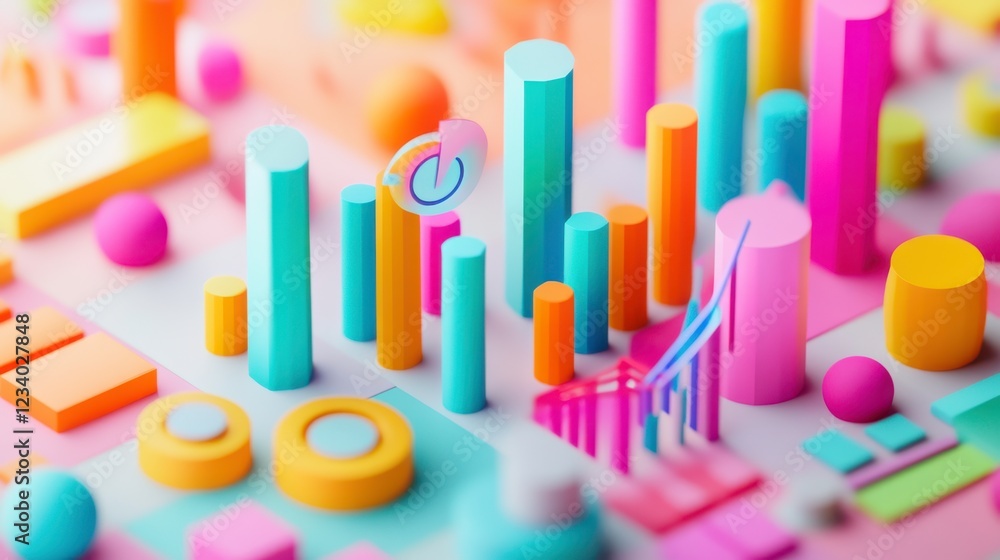 Poster a vibrant 3d visualization featuring colorful bars and shapes, representing data analysis or statist